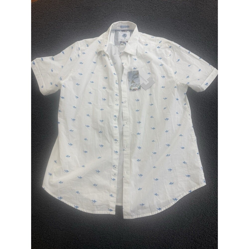 Denim & Flower Ricky Singh Short Sleeve Button-Down Shirt Blue Fish Sz LG  NWT